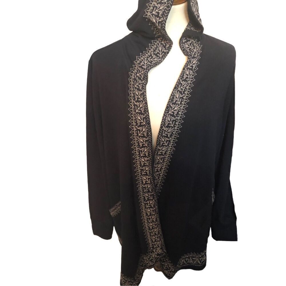 Style & Co. Black Open Front Embroidered Hooded Open Front French Terry Jacket s
